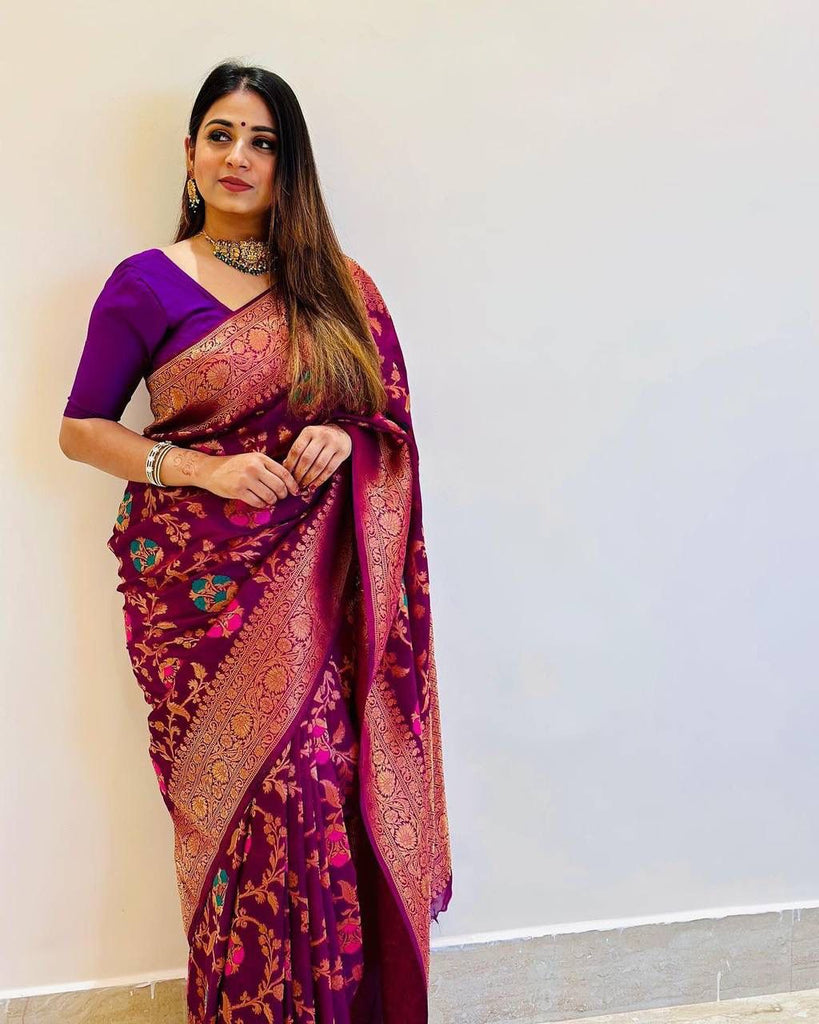 Blooming Purple Soft Banarasi Silk Saree With Staring Blouse Piece ClothsVilla