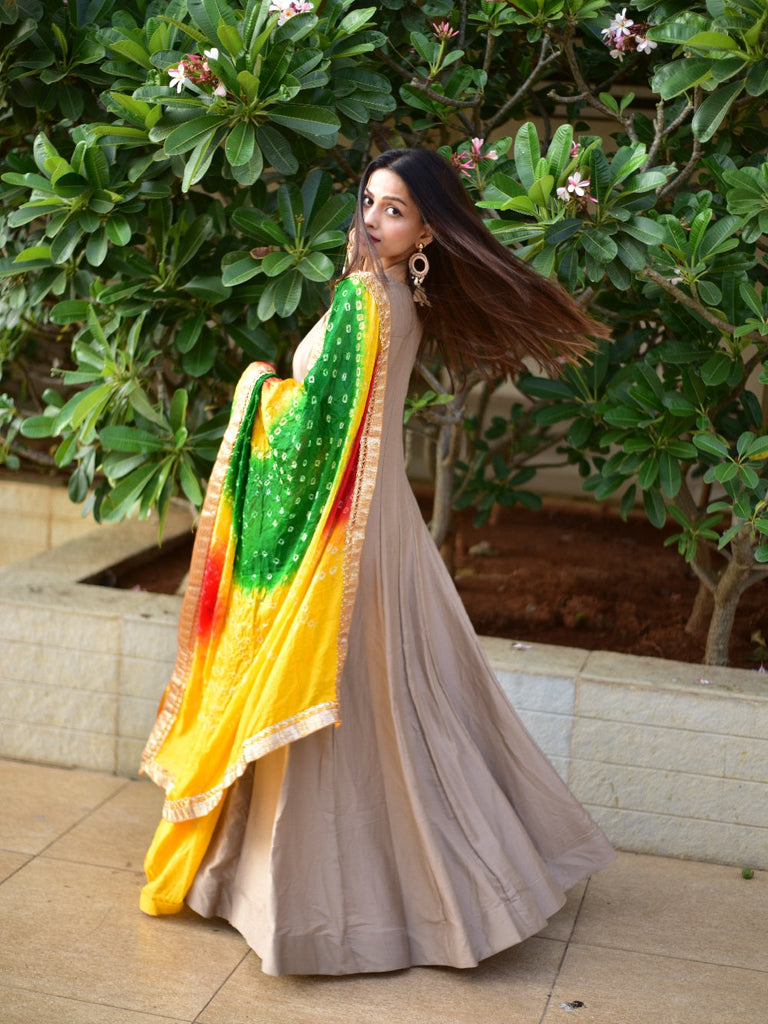 Chiku Color Chinon Anarkali Gown With Bandhani Dupatta Clothsvilla