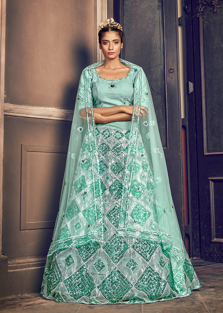 Appealing Turquoise Blue Georgette Embroidered Ghagra Choli With Dupatta ClothsVilla