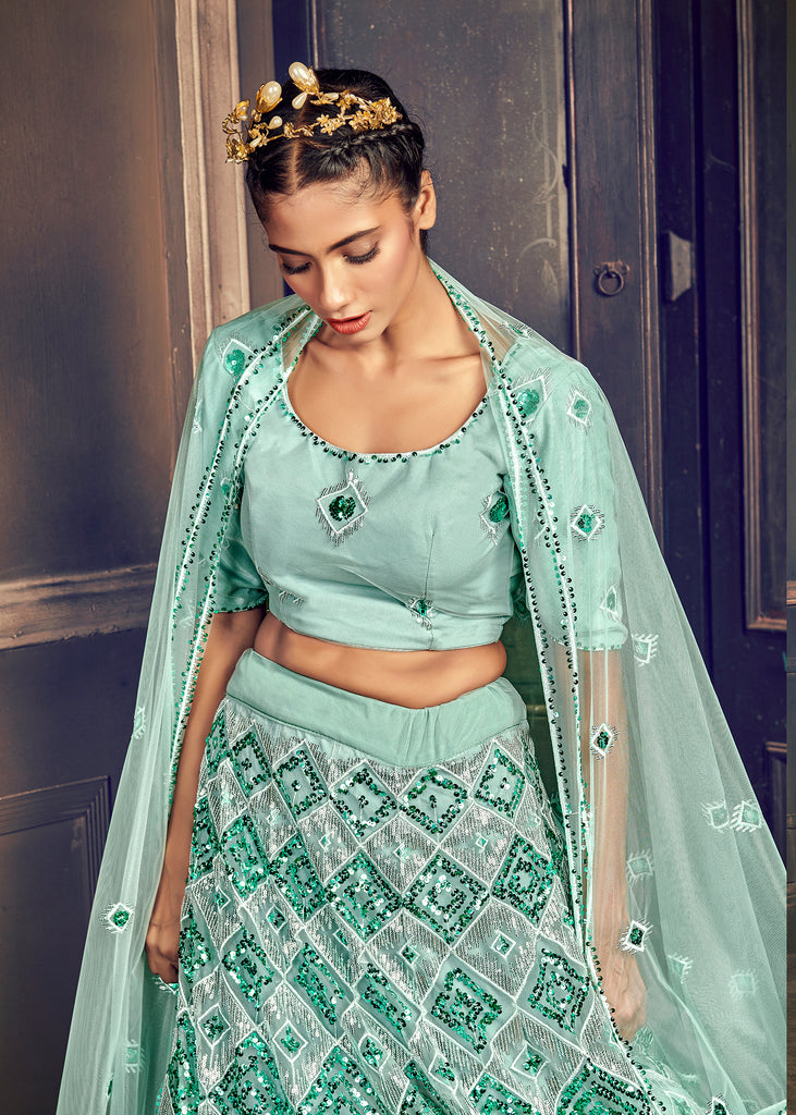Appealing Turquoise Blue Georgette Embroidered Ghagra Choli With Dupatta ClothsVilla