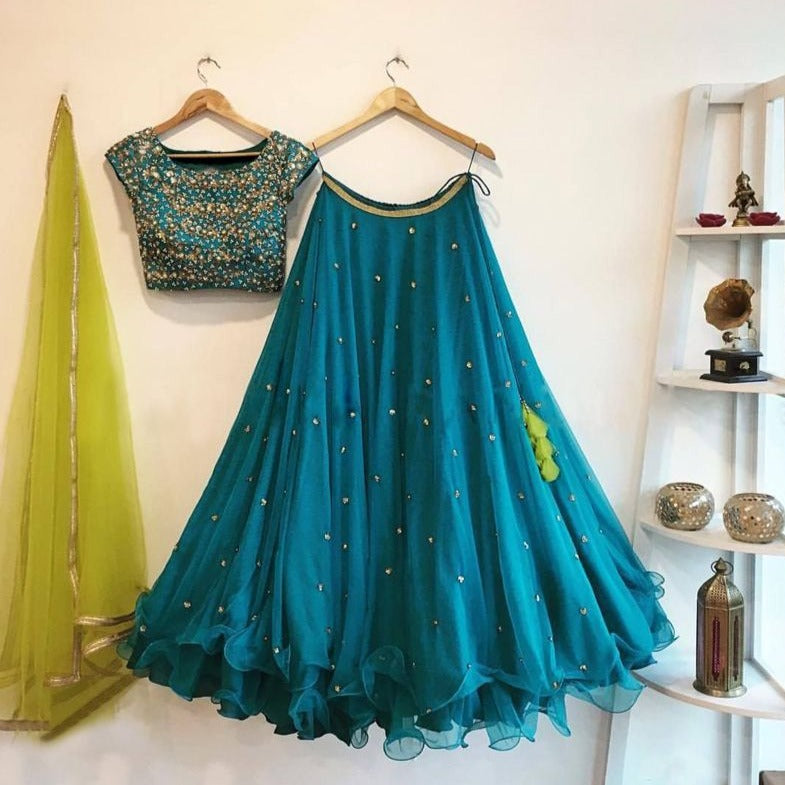 Aqua Blue Lehenga with Pearl Work and Embroidery Work Blouse ClothsVilla