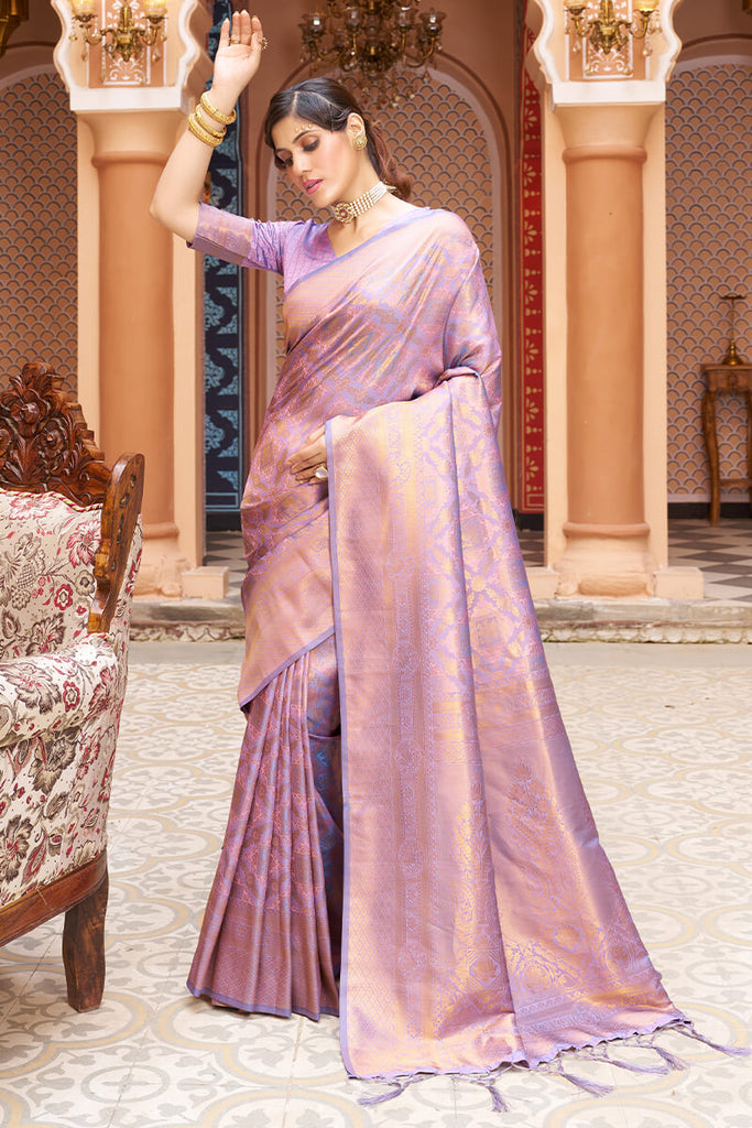 Gorgeous Lavender Kanjivaram Silk Saree With Incredible Blouse Piece Bvipul