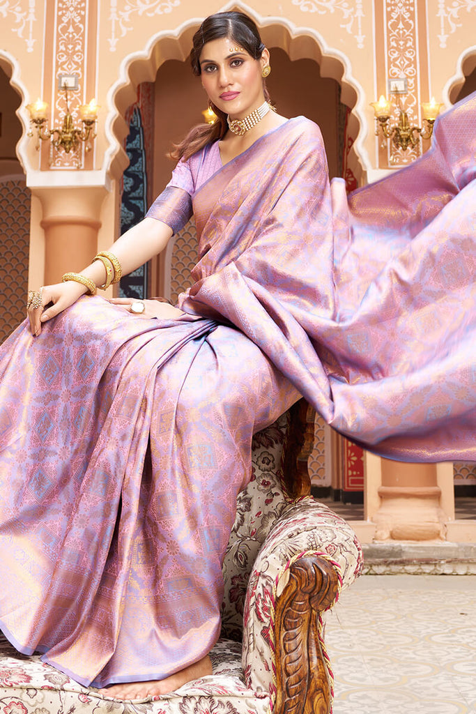 Gorgeous Lavender Kanjivaram Silk Saree With Incredible Blouse Piece Bvipul