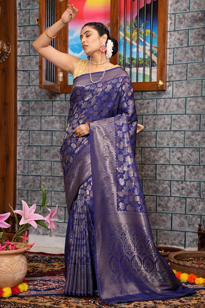 Breathtaking Navy Blue Kanjivaram Silk Saree With Adorable Blouse Piece Bvipul