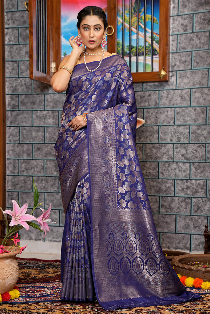 Breathtaking Navy Blue Kanjivaram Silk Saree With Adorable Blouse Piece Bvipul