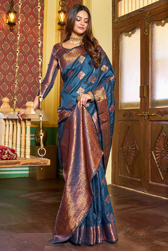 Assemblage Navy Blue Soft Banarasi Silk Saree With Beleaguer Blouse Piece Bvipul