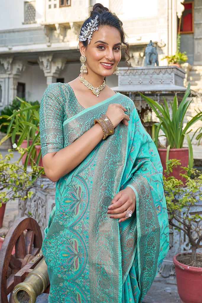 Exceptional Turquoise Pashmina saree With Seraglio Blouse Piece Bvipul