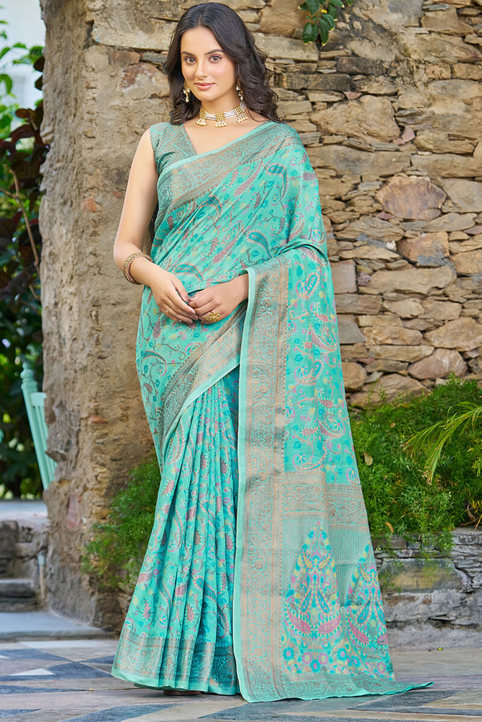 Beauteous Turquoise Pashmina saree With Woebegone Blouse Piece Bvipul