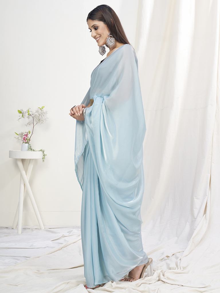 Baby Blue Pre-Stitched Blended Silk Saree ClothsVilla