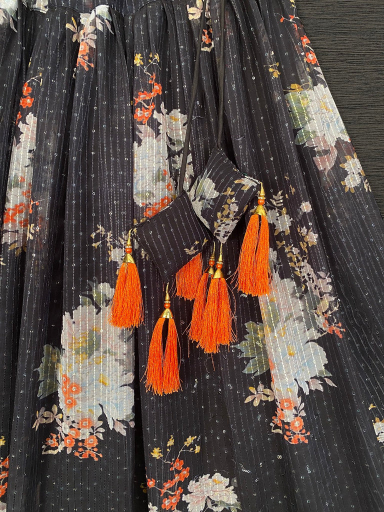 Black Color Sequins & Thread Embroidery Work Georgette Lehenga Choli With Bandhej Dupatta Clothsvilla