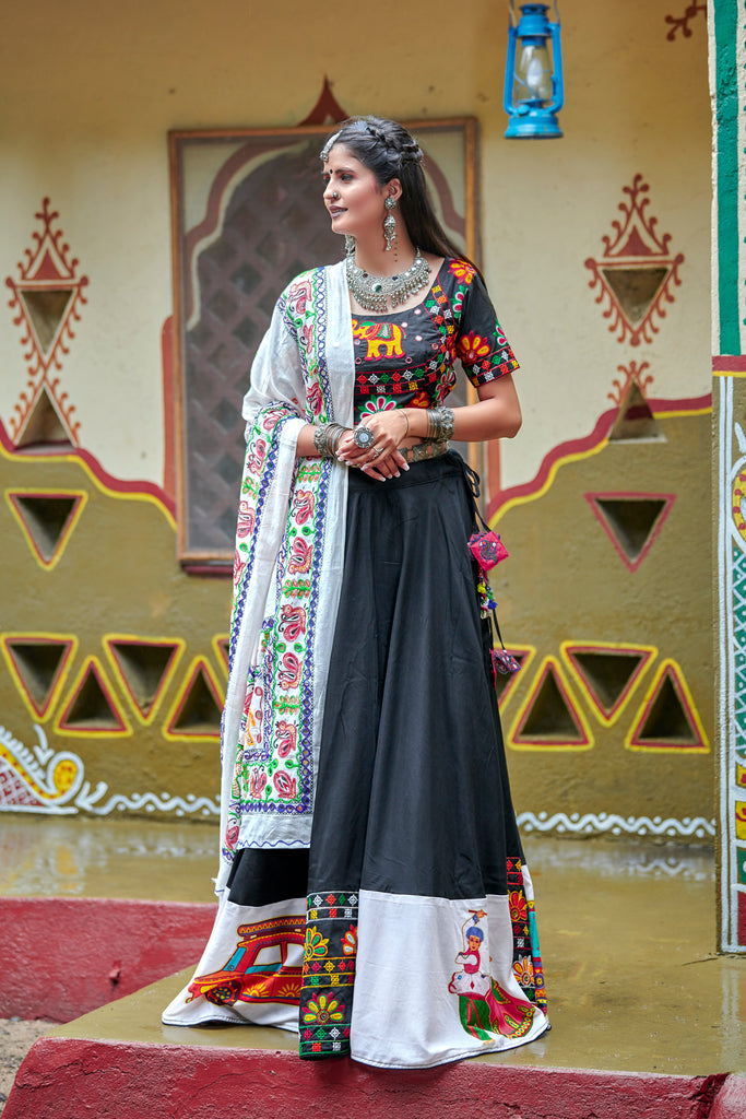 Black Embroidered Cotton Indian Traditional Festival Dandiya Raas Garba Semi Stitched Navratri Lehenga ClothsVilla