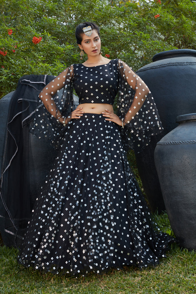 Black Lehenga With Metallic Foil Printed Work And Pigment Foil Work, Cancan Lehenga Choli For Party And Wedding Wear Latest Bollywood Design ClothsVilla