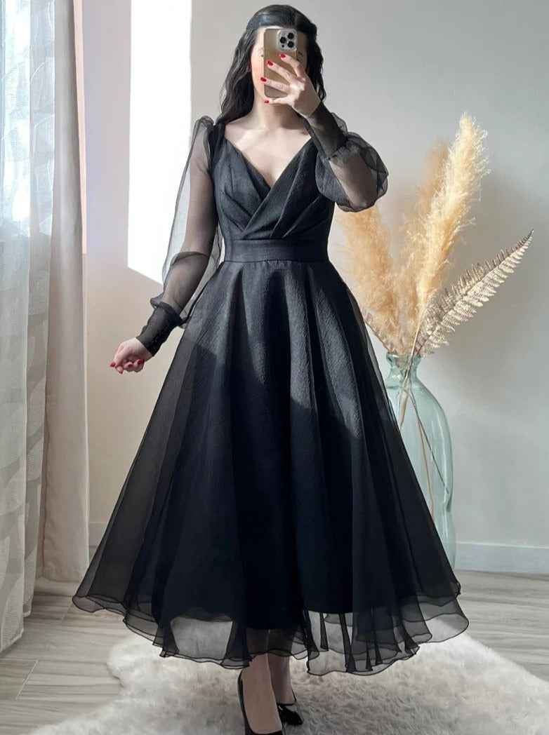 Black Prom Dresses V-Neck Puffy Sleeves A-Line Evening