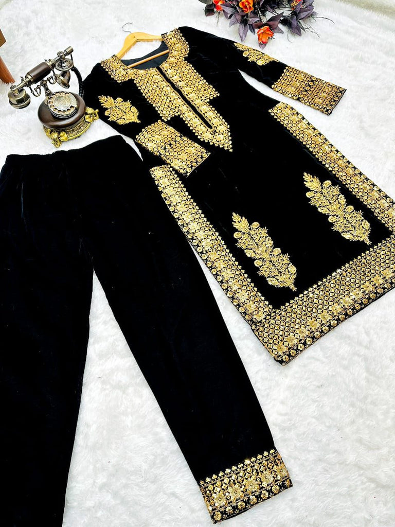 Black Salwar Suit in Velvet with Embroidery and Sequence Work ClothsVilla.com