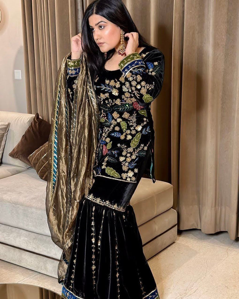 Black Sharara Sets in Velvet with Embroidery Sequence Work ClothsVilla