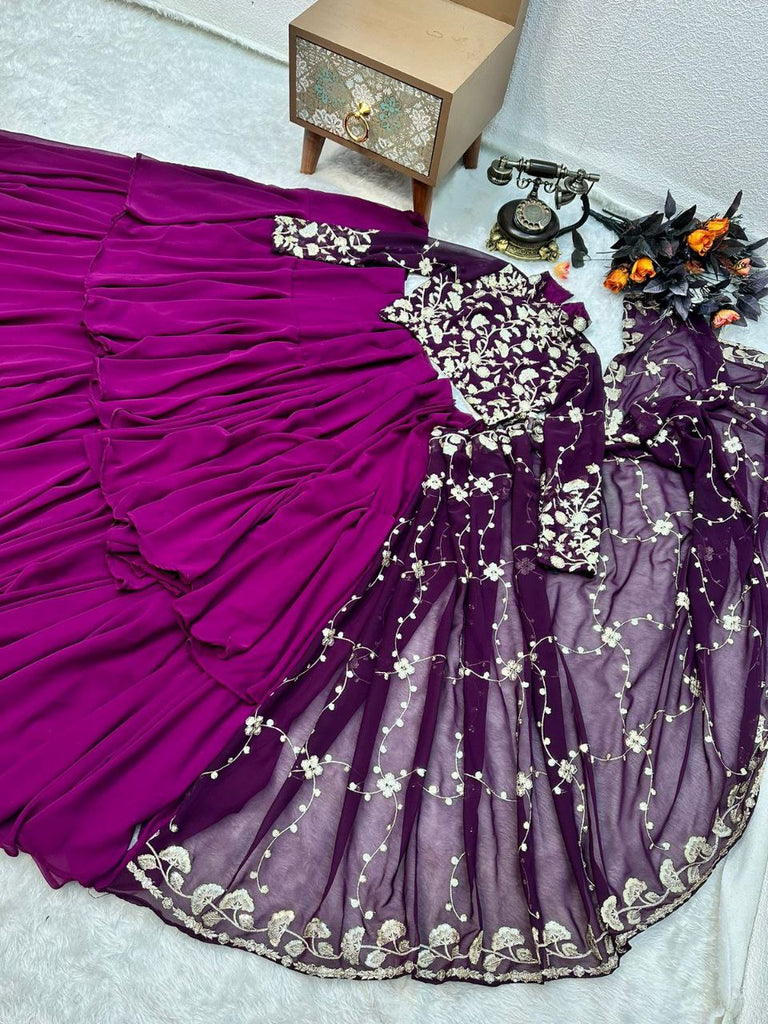 Blissful Ruffle Style Wine Color Ready To Wear Party Wear Saree Clothsvilla
