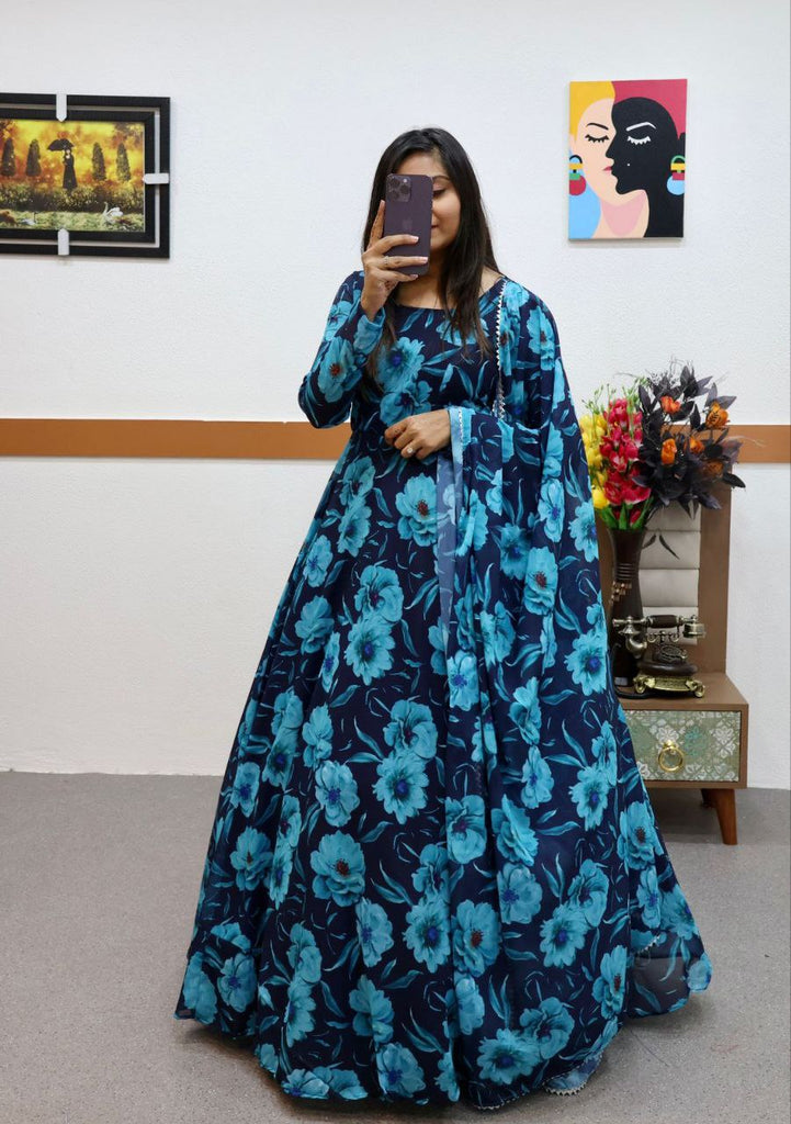 Blue Faux Georgette Floral Dream Anarkali Gown with Digital Print ClothsVilla