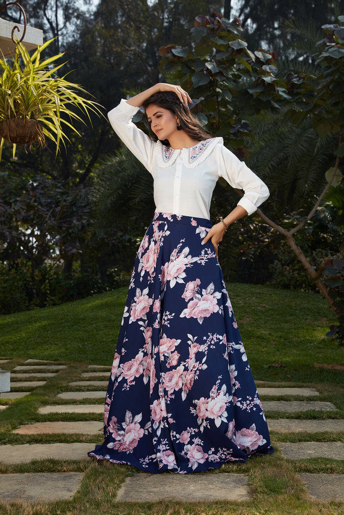 Blue Floral Crepe Indo Western Ready To Wear Skirt With Crop Top ClothsVilla