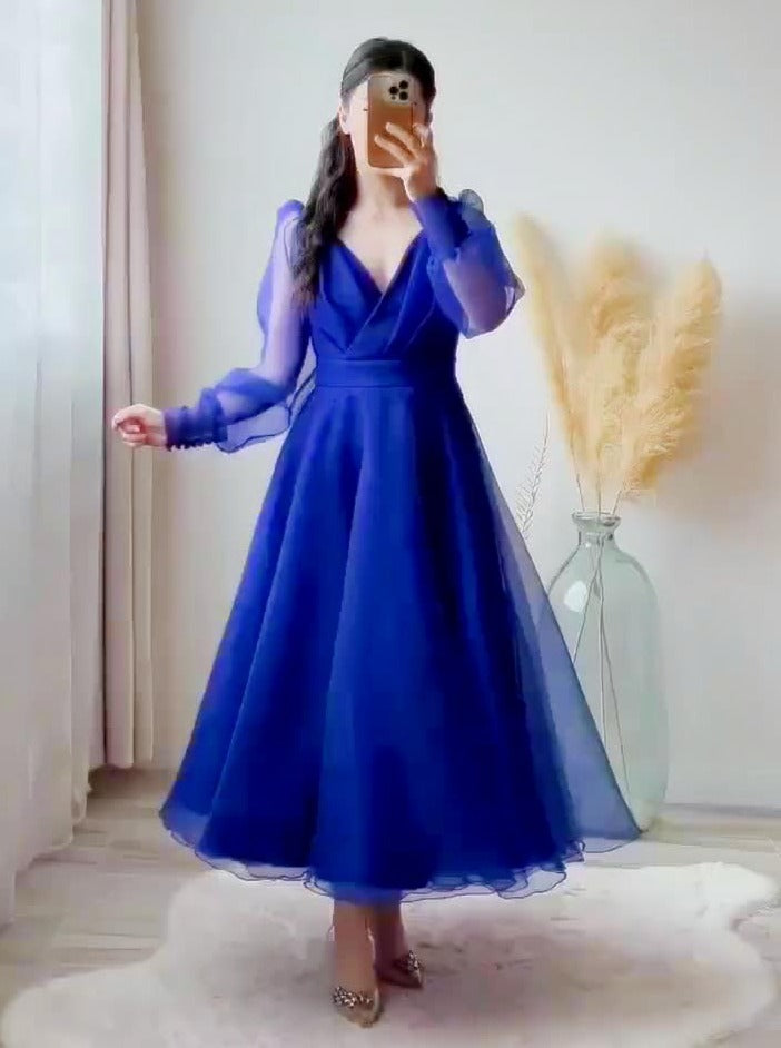 Blue Prom Dresses V-Neck Puffy Sleeves A-Line Evening Gown for Wedding