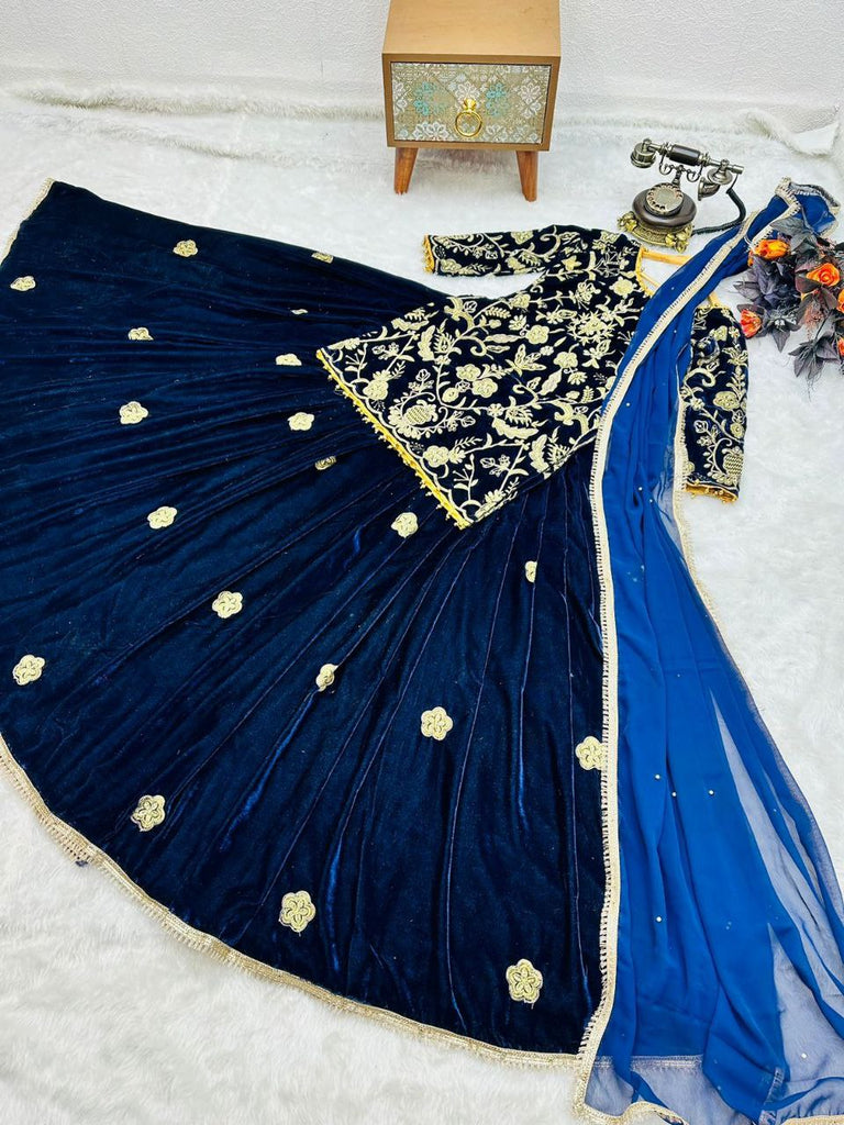 Blue Velvet Lehenga Choli with Embroidery Work Clothsvilla