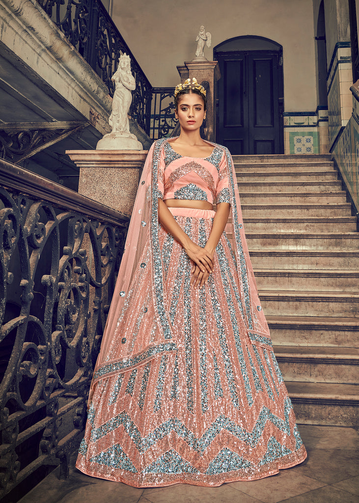 Bridal Peach Lehenga With Heavy Multi Thread Sequins Embroidery Work And 2 Layer Inner And Can-Can Lehenga For Indian Wedding And Party Wear ClothsVilla