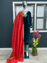 Load image into Gallery viewer, Dark Green Color Bell Sleeve Velvet Salwar Suit with Red Dupatta - ClothsVilla.com