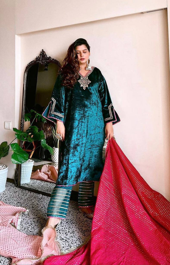 Dark Green Color Bell Sleeve Velvet Salwar Suit with Red Dupatta - ClothsVilla.com