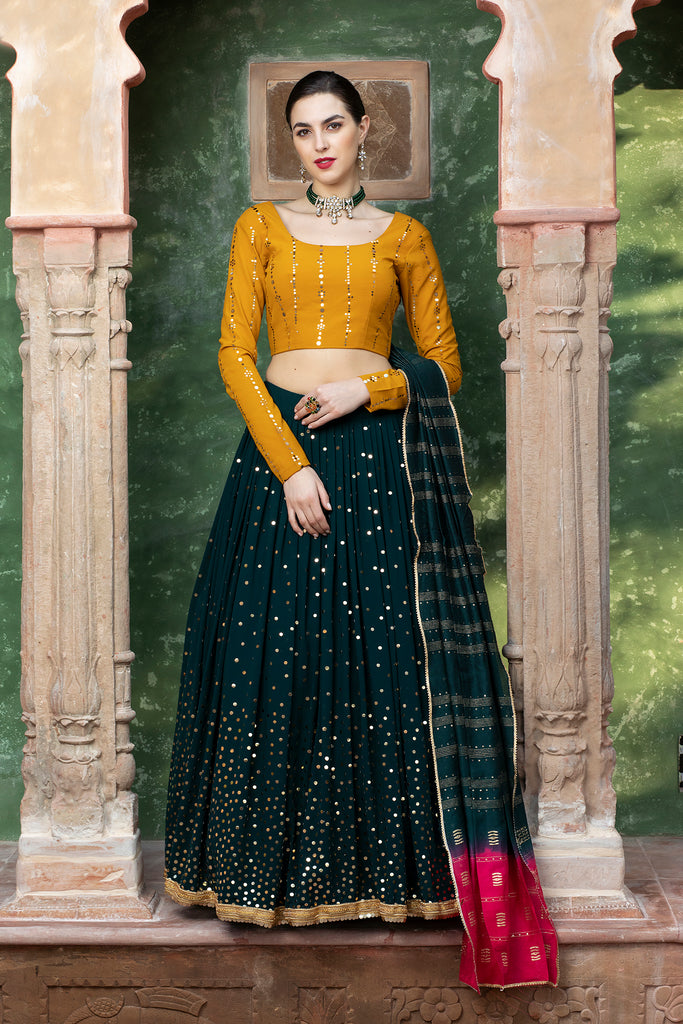 Dark Green Lehenga With Fancy Sequence Work And Glistening Embellishments, Designer Choli With Dupatta, Wedding, Party Wear For Women ClothsVilla