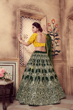Load image into Gallery viewer, Dark Green Multi Rubber Foil Embroidered Silk Semi Stitched Wedding Lehenga ClothsVilla