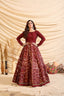 Decent Maroon Color Taffeta Silk Base Foil Print Base Partywear Gown ClothsVilla