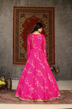 Load image into Gallery viewer, Deep Pink Metallic Foilage Taffeta Evening Long Gown Semi Stitched ClothsVilla