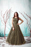 Designer Dark Mehendi Green Net Embroidery Ethnic Gown For Woman ClothsVilla