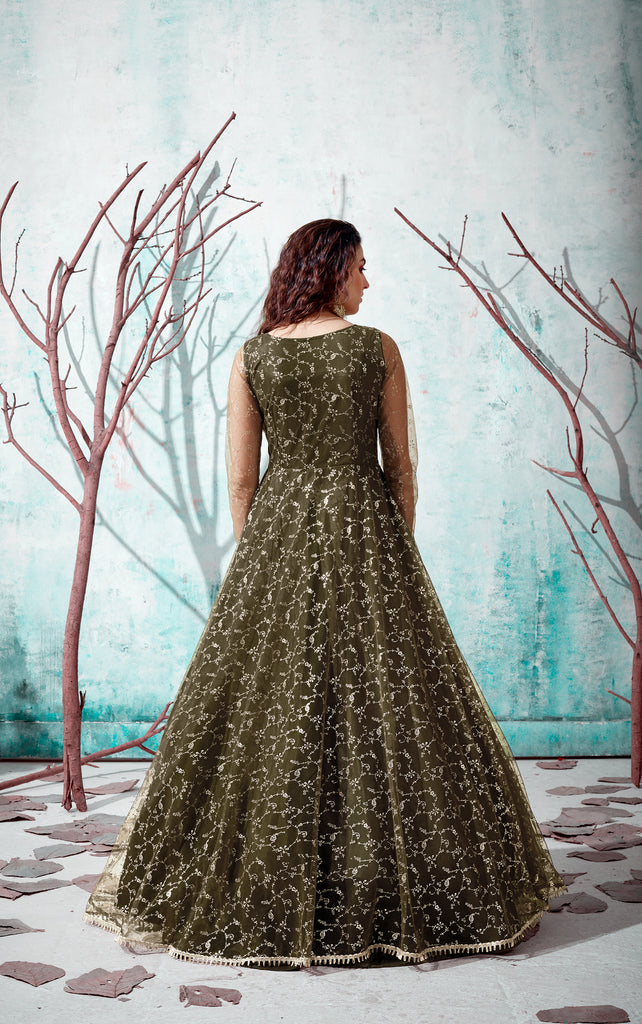Designer Dark Mehendi Green Net Embroidery Ethnic Gown For Woman ClothsVilla