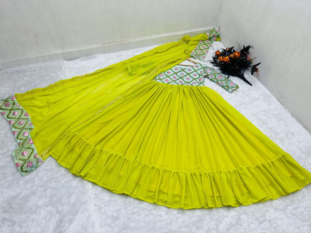 Designer Parrot Green Color Paper Mirror Work Gown Clothsvilla