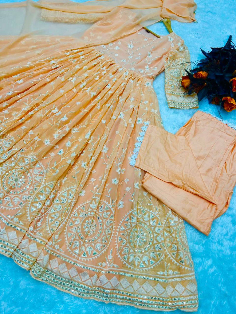 Designer Peach Color Thread Work Gown Clothsvilla