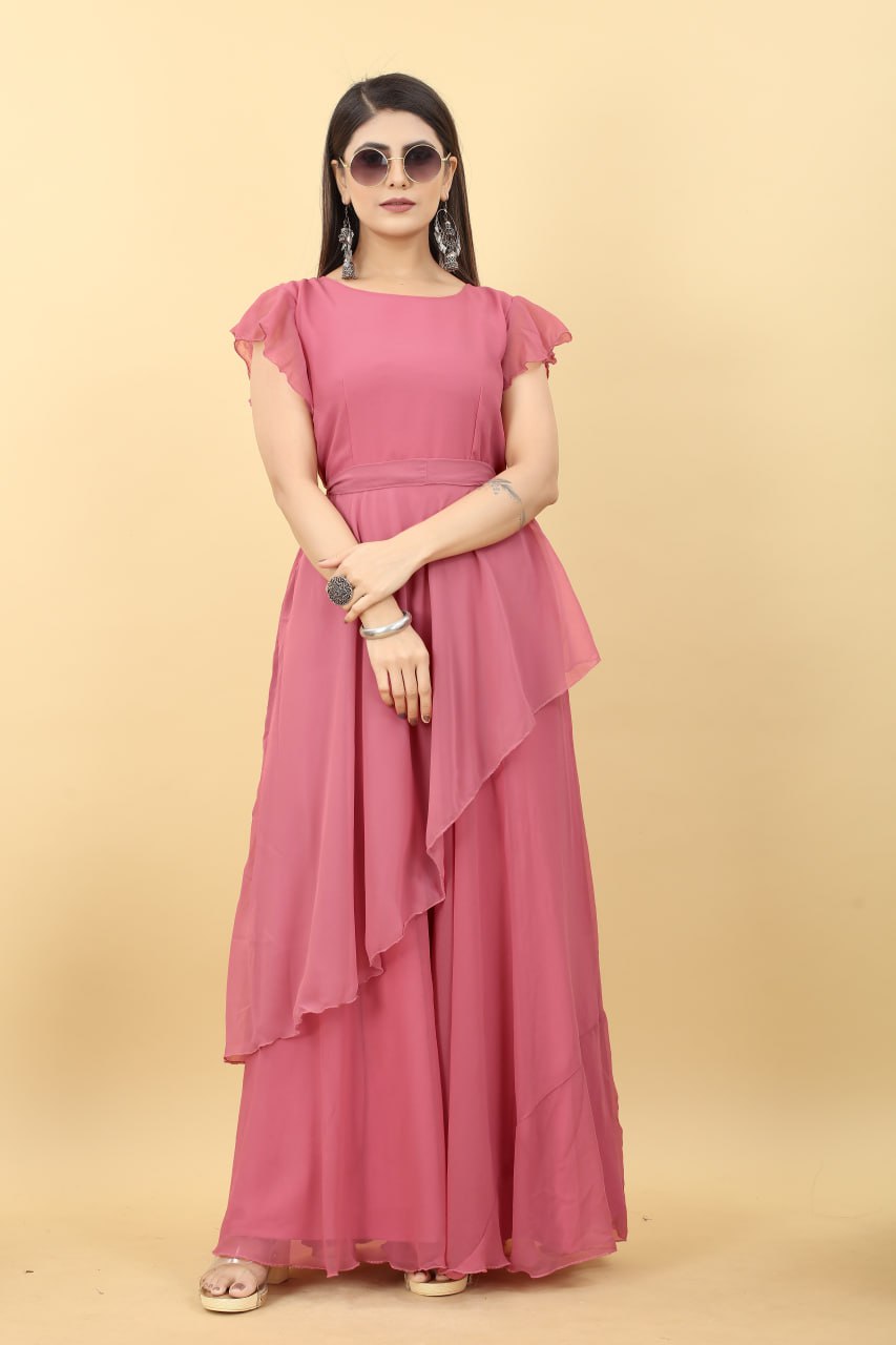 Designer Umbrella Sleeve Peach Color Georgette Gown - M-38