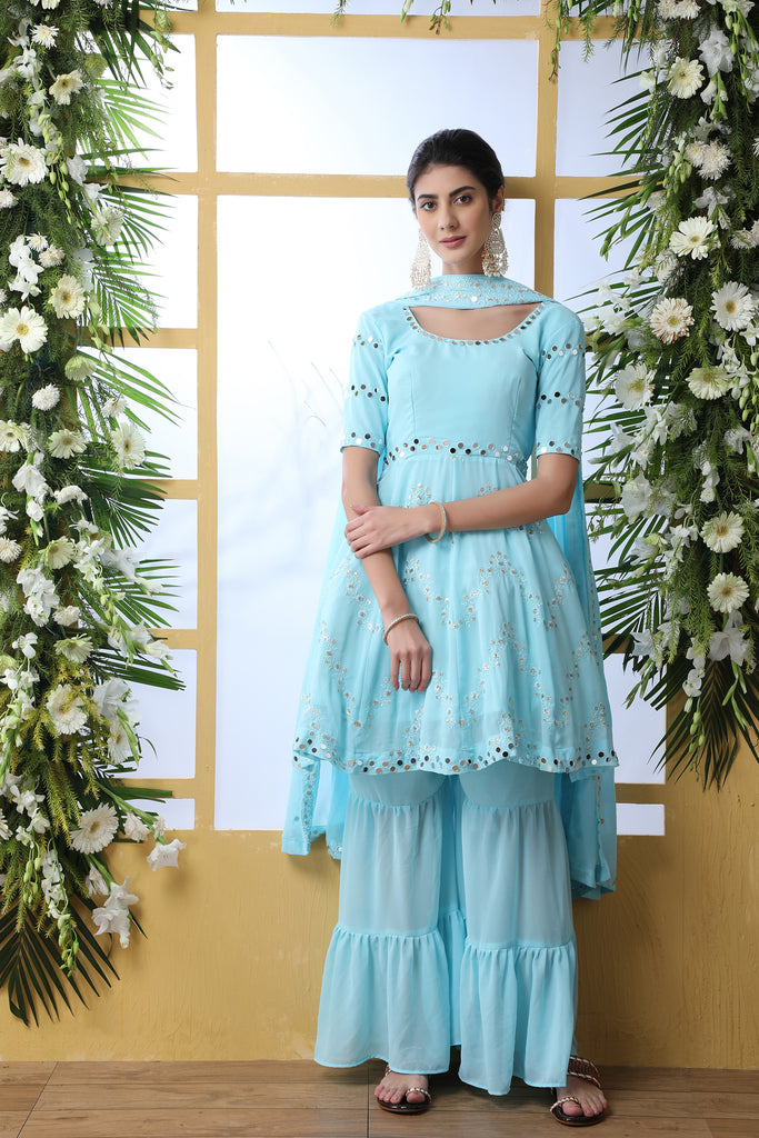 Desiring Sky-Blue Thread Embroidery Georgette Salwar Kameez With Dupatta Semi Stitched ClothsVilla