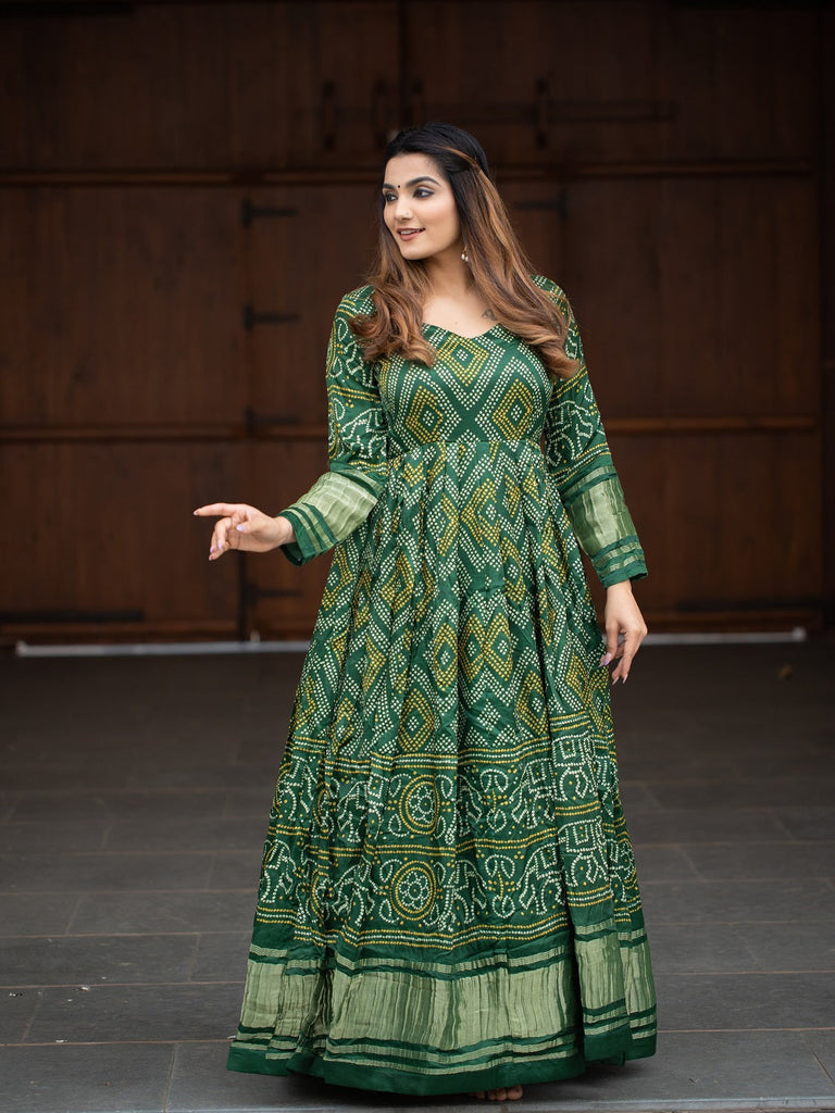 Green Color Digital Bandhej Printed Pure Gaji Silk Gown Clothsvilla