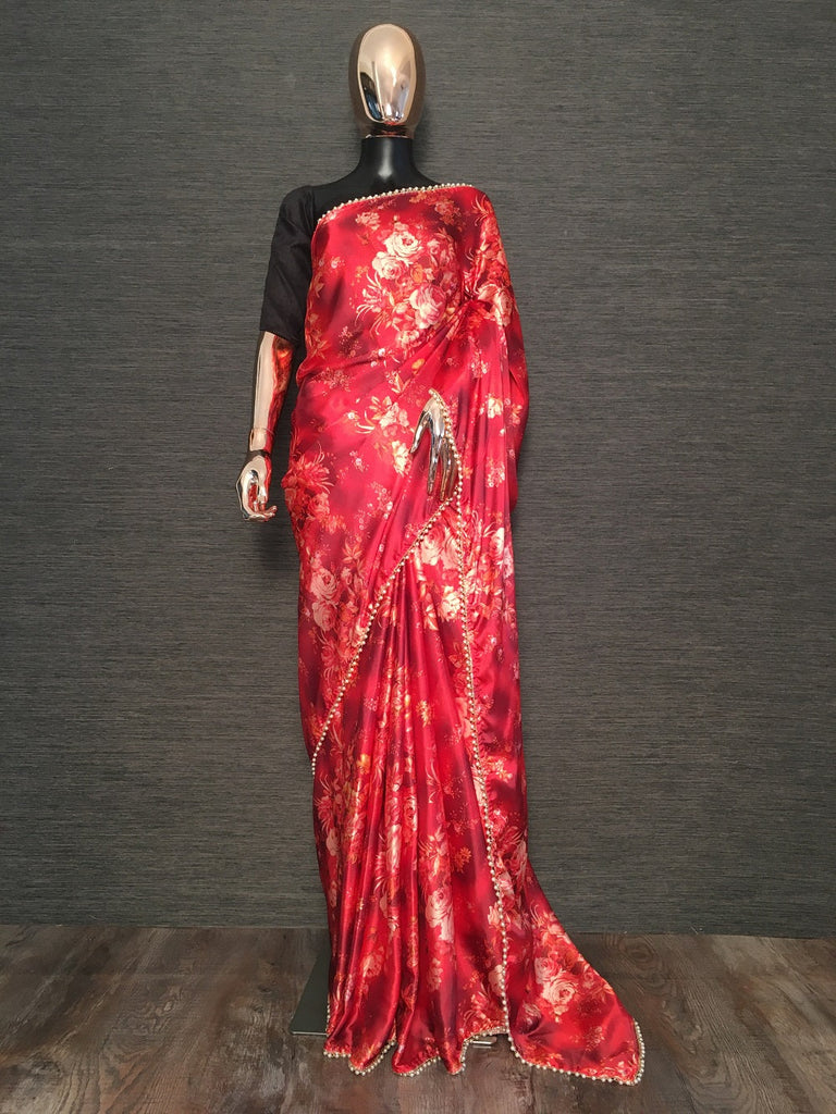 Red Color Digital Print Japan Satin Saree With Pearl Lace Border Clothsvilla