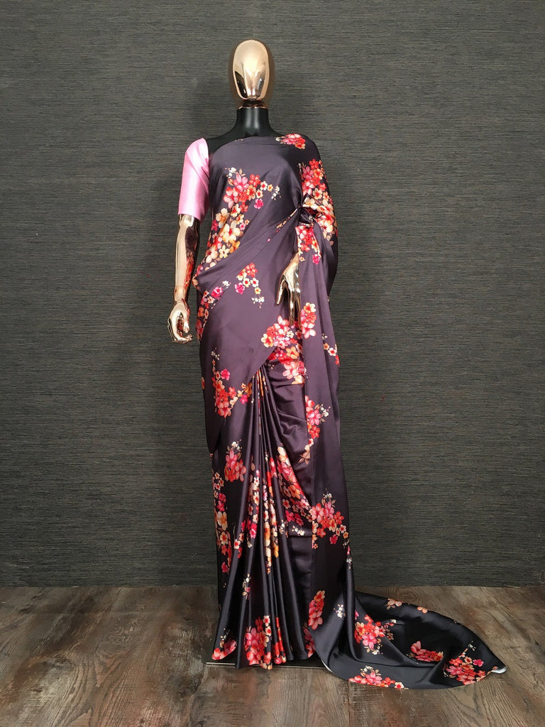 Wine Color Floral Digital Printed Japan Satin Silk Saree Clothsvilla