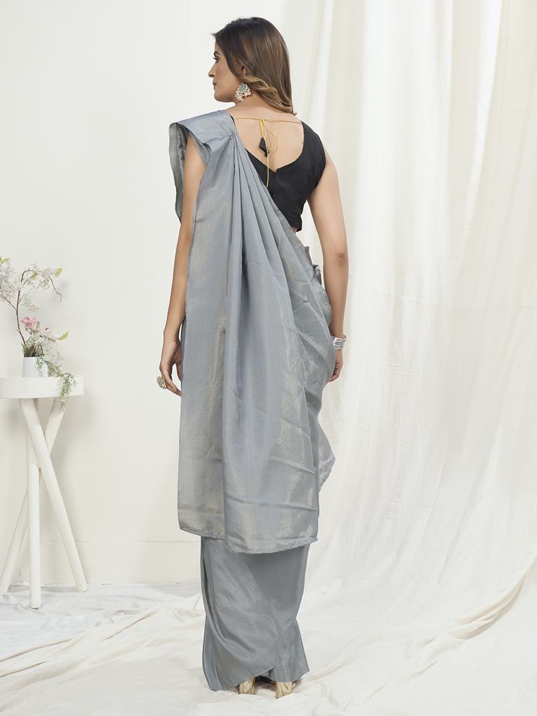 Dove Grey Ready to Wear One Minute Saree In Satin Silk ClothsVilla