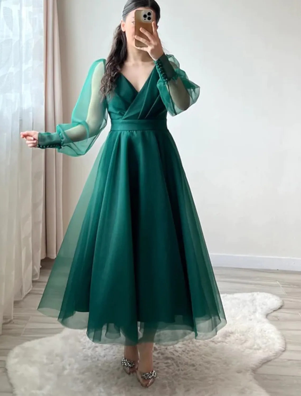 Dark Green Prom Dresses V-Neck Puffy Sleeves A-Line Evening