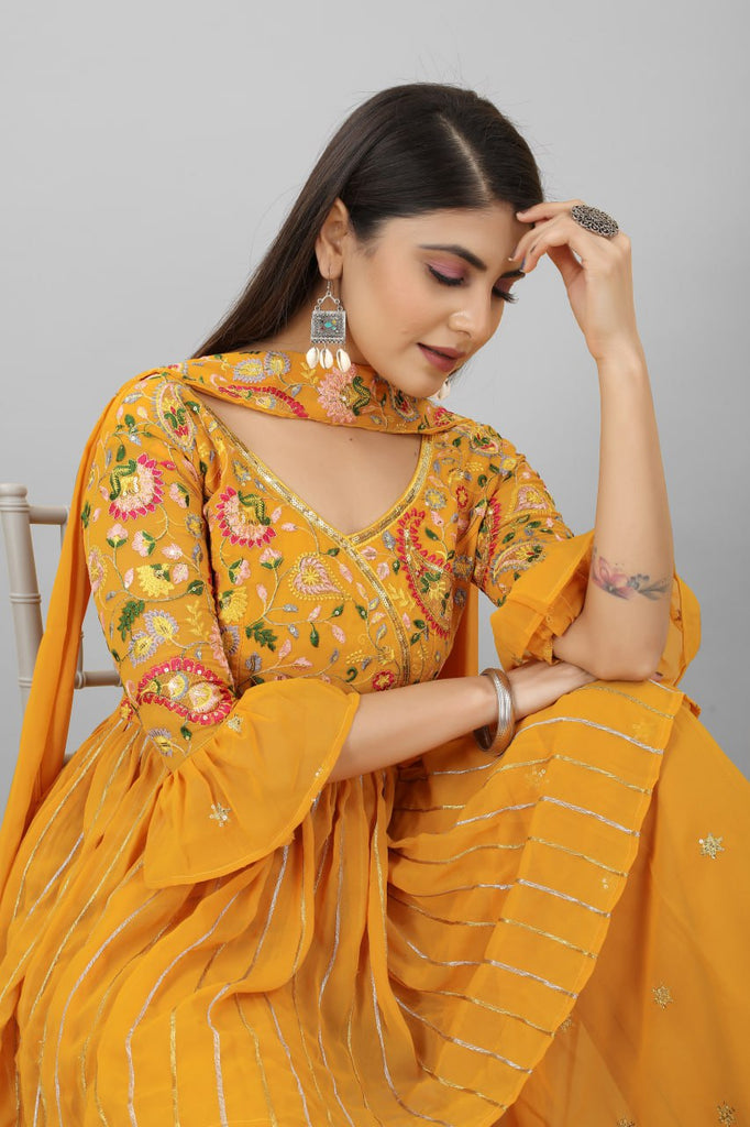 Elegant Mustard Color Sequence Embroidery Work Plazzo Suit Clothsvilla