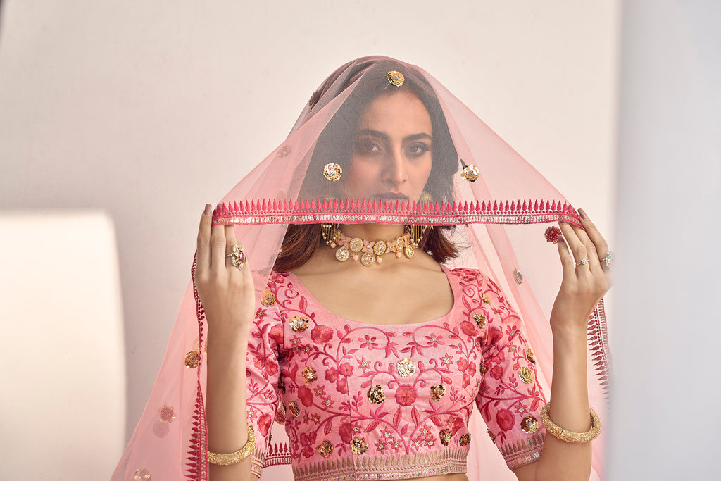 Enchanting Light Pink Sequins Embroidered Silk Wedding Wear Lehenga Choli ClothsVilla