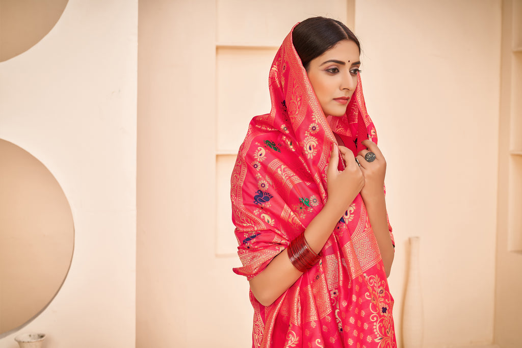 Enthralling Pink Color Banarasi Silk Base Silk Weave Saree ClothsVilla