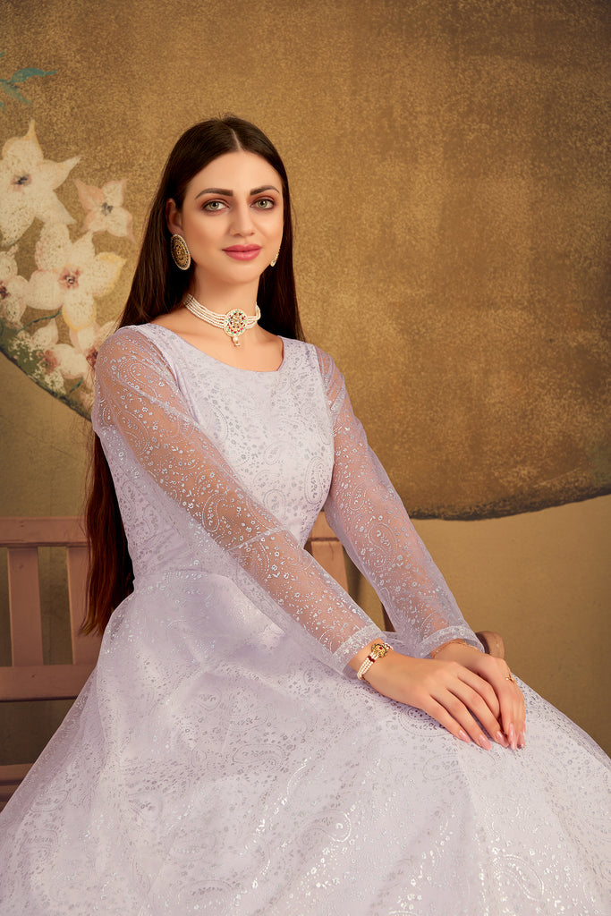 Exclusive Dress Designer Gown For Women Floral Bride Gown Indian Wedding Reception Gown Indian Suit Floral Anarkali Violet Gown ClothsVilla