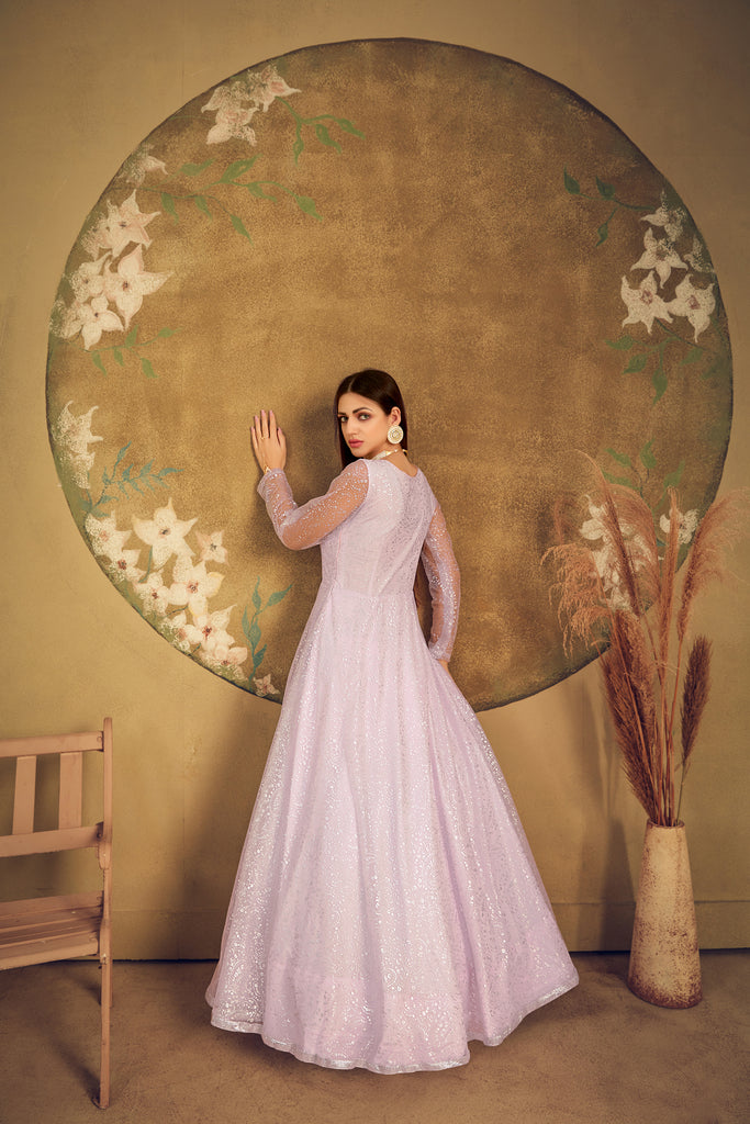 Exclusive Dress Designer Gown For Women Floral Bride Gown Indian Wedding Reception Gown Indian Suit Floral Anarkali Violet Gown ClothsVilla