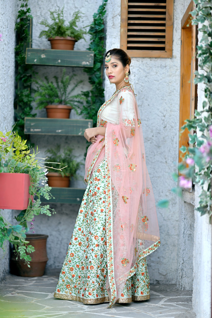 Figurative Mint Green Thread And Sequins Embroidered Silk Bridal Ghagra Choli ClothsVilla