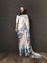 Load image into Gallery viewer, White Color Floral Printed Japan Satin Silk Saree With Pearl Lace Border Clothsvilla