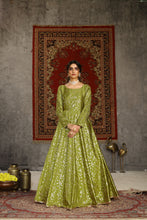 Load image into Gallery viewer, Fluorescent Green Taffeta Metalic Foil Work Anarkali Gown Party Wear ClothsVilla
